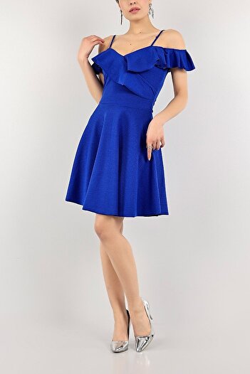 bayansepeti Flexible Crepe Fabric Collar Flywheel Detail Thin Straps Flared Blue Evening Dress Evening Gown 077
