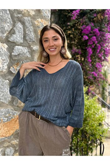 Punta Otantik LS8713 İtalyan Çizgi Desenli Triko Bluz Marin