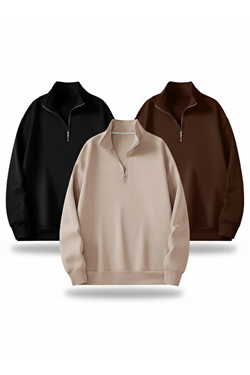 AFROGİYİM Unisex 3-Pack Stand Collar Zippered 2-String Sweatshirt