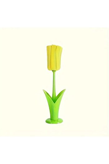 Choice Yellow 1pc Tulip Cup Brush with Detachable Sponge Head - Long Handle Bottle & Glass Cleaner, Durable