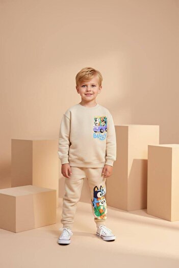 KidsSel New Season Boys' Bluey Printed 3 Thread Cotton Fabric Top and Bottom Set