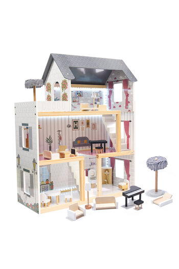 indiggo Dollhouse, LED Lighting, Dream House, 4 Rooms, Terrace and Stairs, Height 78cm, White/Grey
