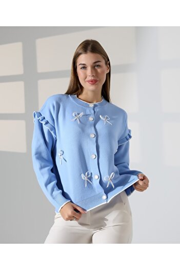 MODA Bow Detailed Ruffled Knitwear Skirt Top Crop Cardigan