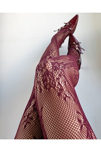 MATHILDA Women's Floral Patterned Burgundy Pantyhose