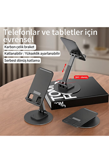 Plodna House Foldable Stepped Desktop Phone and Tablet Stand with Round Aluminum Base - Black
