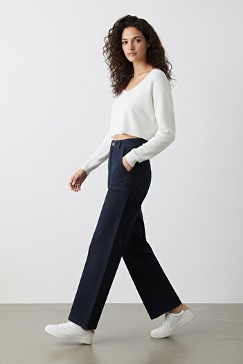 SHEVEGA Women's Navy Blue Front Adhesive Pocket Wide-Lettered Pants
