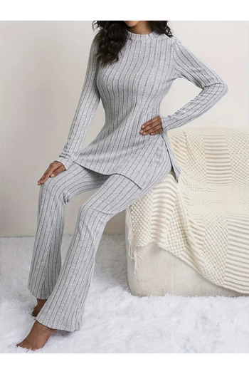 Modayakamoz Women's Long Sleeve Round Neck Side Slit Detailed Raised Camisole Blouse and Trousers Double Set