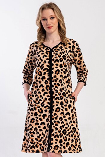 VİENETTA Women's Plus Size Capri Sleeve Leopard Print Zipper Home Dress C1T0N3305