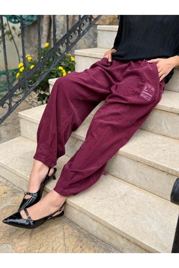 Punta Otantik Ls2203 Italian Belted Velvet Trousers Cherry