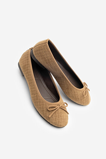 Marjin Women's Bow Detailed Casual Ballet Flats Monit Tan Suede