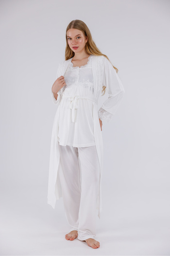 Yulem Homewear Ecru Long Sleeve Cotton Full Length Maternity Pajama Set with Lace on Sleeves and Collar, 3-Piece Set