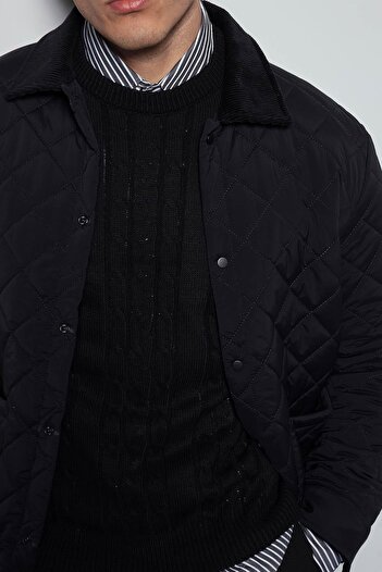 ablukaonline Men's Oversize Quilted Jacket with Ribbed Collar Detail, Black