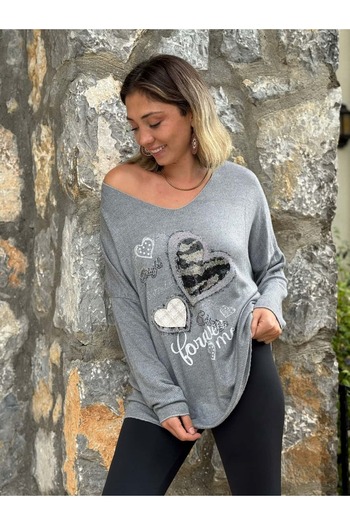 Punta Otantik Ls6211 Italian Heart Pattern Knitwear Blouse Gray