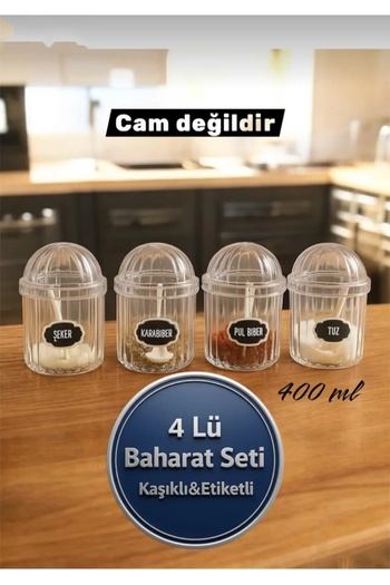 ZeDesign 4-Piece Transparent Spice Jar Set with Labels and Spoons 400 ml