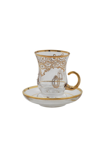 SQUALO Turkish tea cup set - 6 pieces with golden engravings and saucers