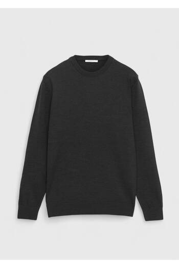Ramsey Black Crew Neck Plain Knit Wool Blended Sweater