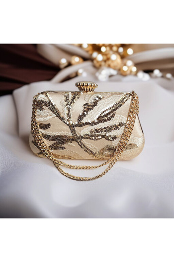 Telli Art Gold Sequin Embroidered Chain Evening Bag