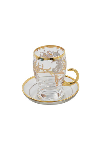 SQUALO Turkish tea cup set - 6 pieces with golden engravings and saucers