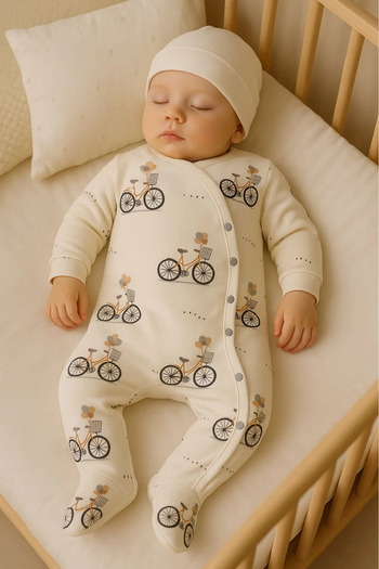 Minizade Unisex Baby Romper Set with Bicycle Printed 100% Cotton Hat