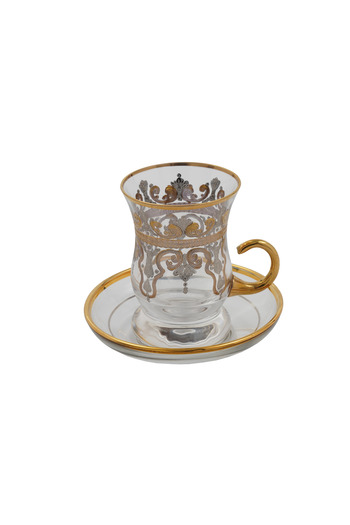 SQUALO Turkish tea cup set - 6 pieces with golden engravings and saucers