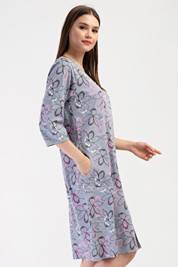 VİENETTA Women's Plus Size Stone Color V-Neck Capri Sleeve Zipper Pocket Relaxed Fit Home Dress C5T4N2804