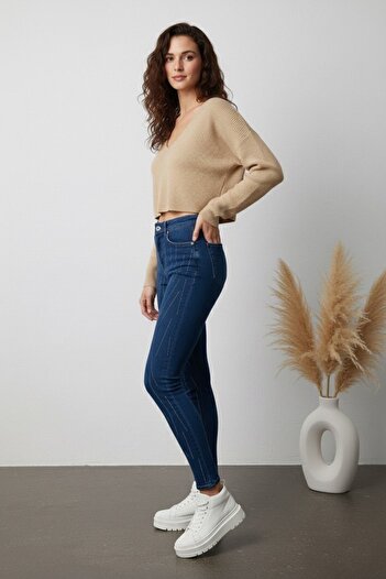 SHEVEGA Women's Cross-Stone Navy Blue Denim Tight Legs