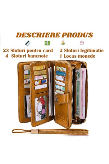 OptimStar Women's Wallet, Genuine Leather, RFID Blocking, 19.5x11.5x3.5cm, 3 Main Compartments, Yellow