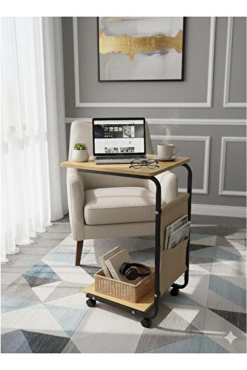 Generic Mobile Side Service Table with Wheels, Wooden Table with Metal Frame