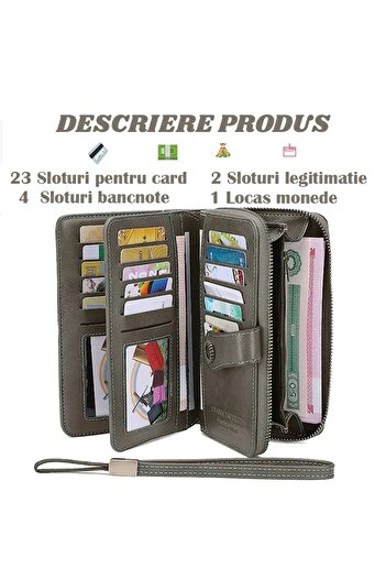 OptimStar Women's Wallet, Genuine Leather, RFID Blocking, 19.5x11.5x3.5cm, 3 Main Compartments, Grey