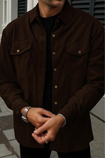 Oksit Linno Double Pocket Corduroy Men's Velvet Shirt with Flap