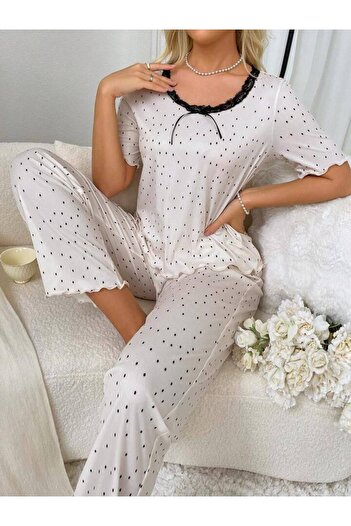 CSR HOMEWEAR Women's Short Sleeve Pants Pajama Set Lace Black Polka Dot Pajama Set Kub