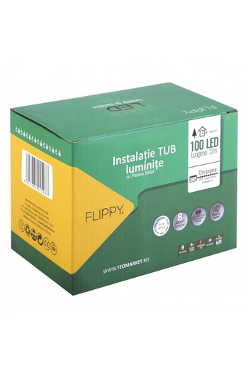 Flippy Instalatie luminoasa Craciun Flippy, tip furtun 12m, 100 LED, 8 programe, Solara, Alb Rece, Cupru
