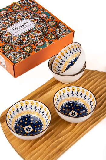 MUKKO HOME Set of 4 Patterned Porcelain Bowls – 320 ml / Gift Boxed