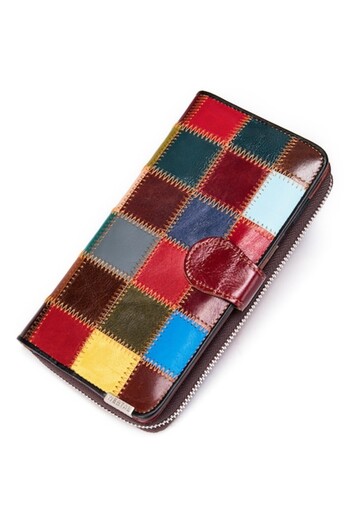 OptimStar Women's wallet, leather, multicolor squares, compartments for phone, money, cards, 20x11.5x3
