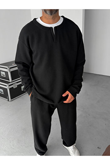 BYBASICMAN Siyah V Yaka Waffle Sweatshirt HM-0005
