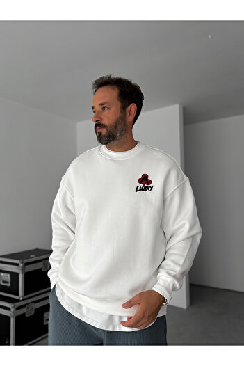 BYBASICMAN Beyaz Lucky Kabartmalı Sweatshirt TW-7055