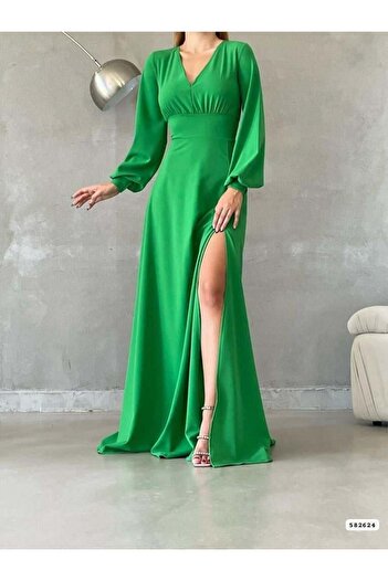 Modafeminen V-Neck Slit Long Evening Dress 582624 Green