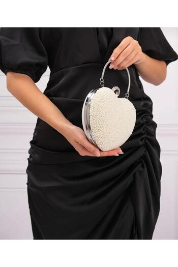 Baykuş Boutique Heart Evening Dress Bag Women's Crystal Stone Hand and Shoulder Strap Evening Dress Bag