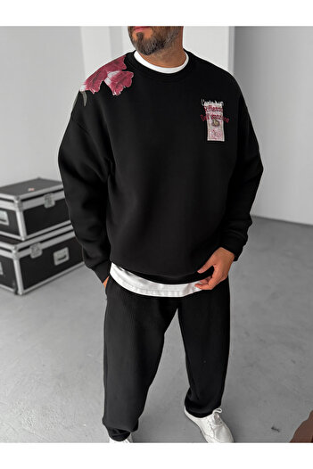 BYBASICMAN Siyah Çiçek Baskılı Nakışlı Sweatshirt TW-7053