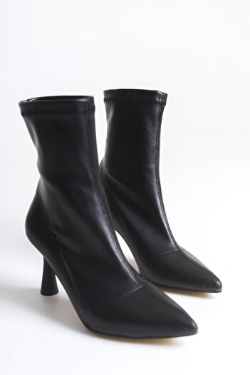 meyra'nın ayakkabıları Women's Black Leather Stiletto Heeled Stretch Boots