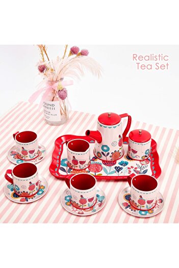 TOYFEST Flower Patterned Metal Tea Set 12 Pieces – Colorful Play Tea Serving Set for Kids - Red