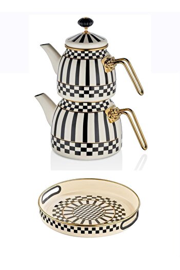 Altabi Prime Cream Enamel Serving Tray – 28 cm and Teapot Set