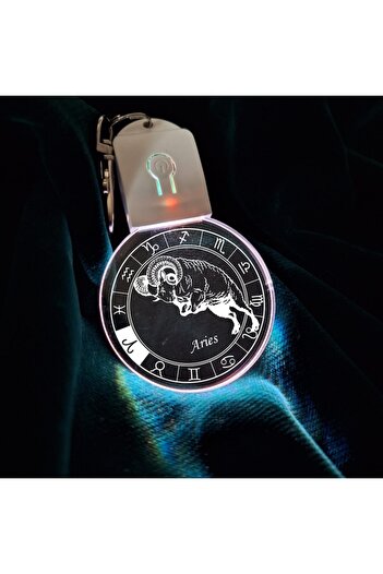 T&M Personalizare Keychain with LED from acrylic - Aries Zodiac round - horoscope with battery, multicolor