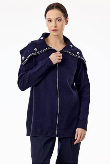 Tığ Triko Tiğ-Sailor Collar Front Zipper Cardigan with Embellished Stones-21841