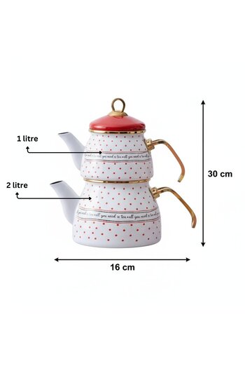 FAIR HOME Red and White Color Gold Detailed Polka Dot Enamel Teapot Set 2 Lt +1 Lt.