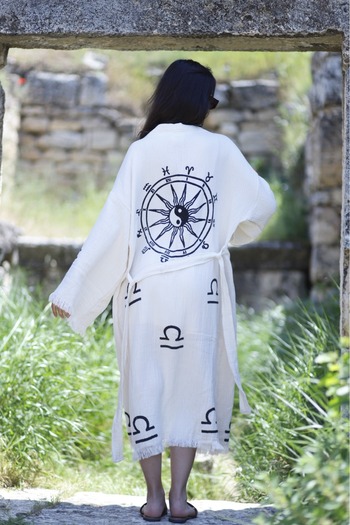 Befera Design Muslin Kimono 100% Cotton Zodiac Printed Patterned Bathrobe Kaftan Dressing Gown