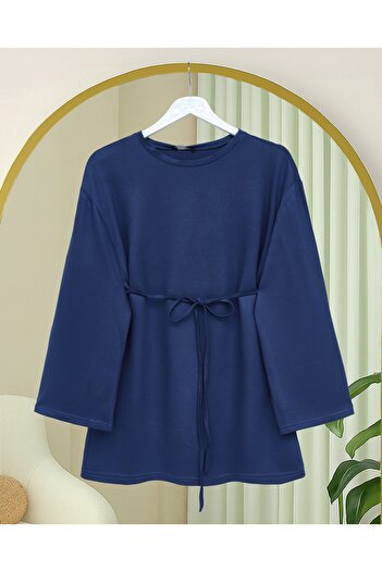 Modamorfo Round Neck Tie-Waist Combed Cotton Tunic - Navy