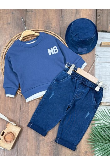 Childona Baby Kids Hb Embroidery Detailed Sweatshirt Lycra Jeans Hat 3-Piece Baby Boy and Child Set