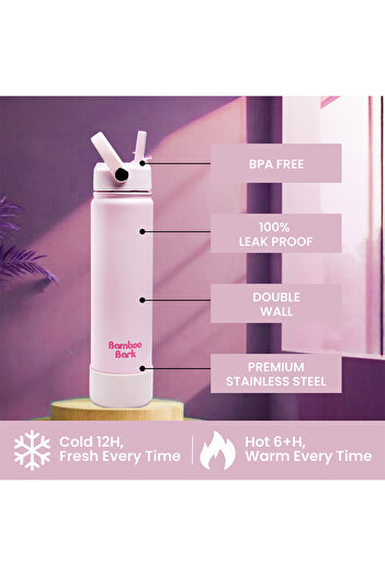 Bamboo Bark 750 ML Insulated Water Bottle with Sipper Lid – Double Wall Vacuum Flask for Hot & Cold Water
