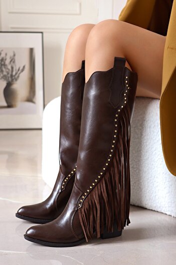 POLKA STORE Tassel Detailed Trock Long Knee-High Bitter Brown Western Women's Cowboy Boots